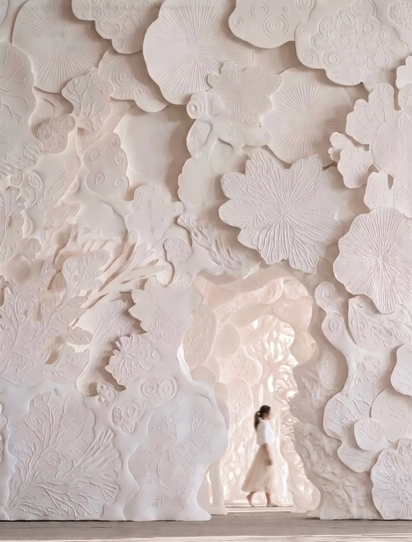 Visualisation of a monumental white relief wall, several storeys tall, built from overlapping fans, blossoms and coral forms. A small figure walks through an arched opening cut into it, giving the scale.