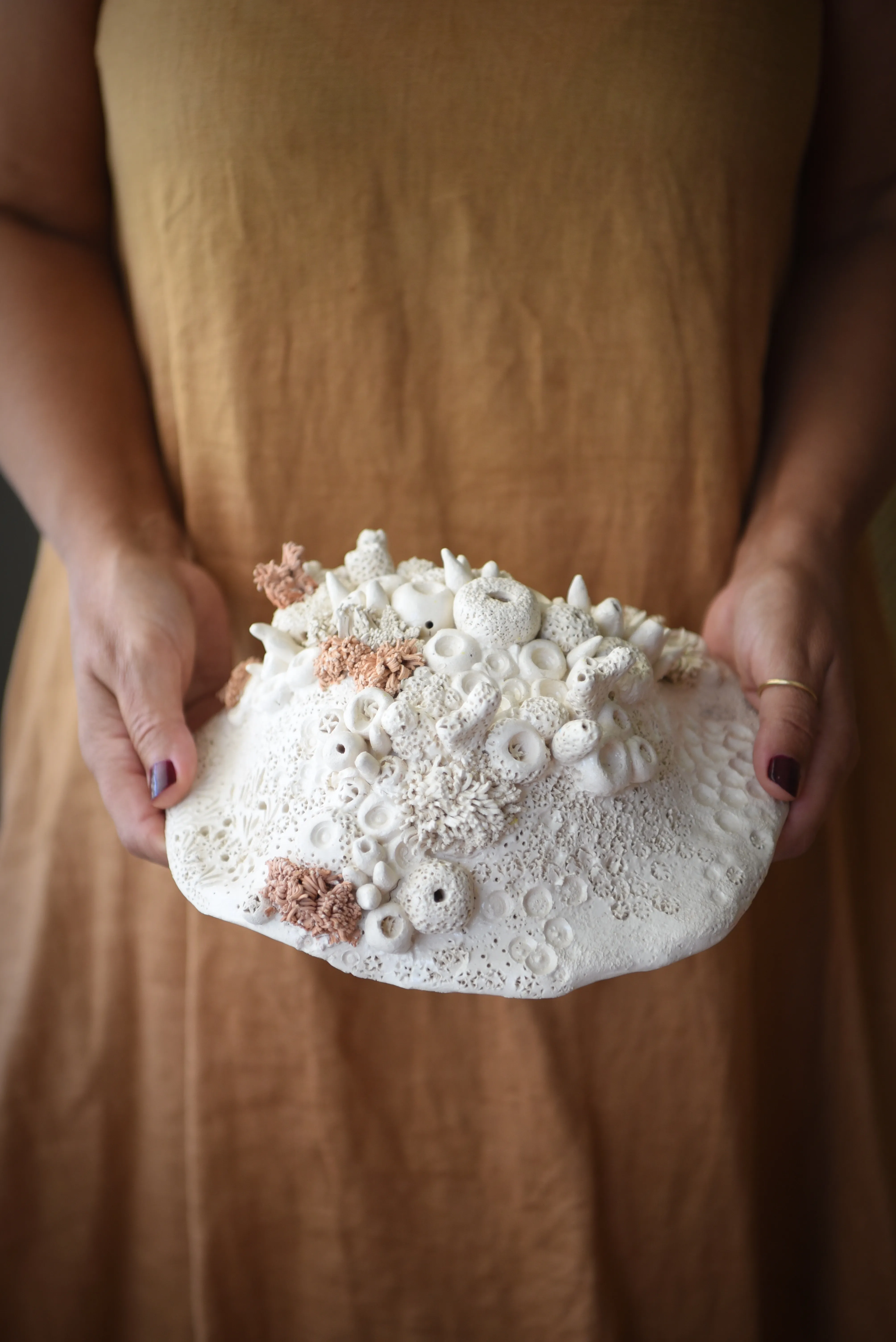 Shallow oval ceramic reef form held in two hands against an ochre linen dress. Its white crust of tubes and small cups is broken by patches of soft coral pink.