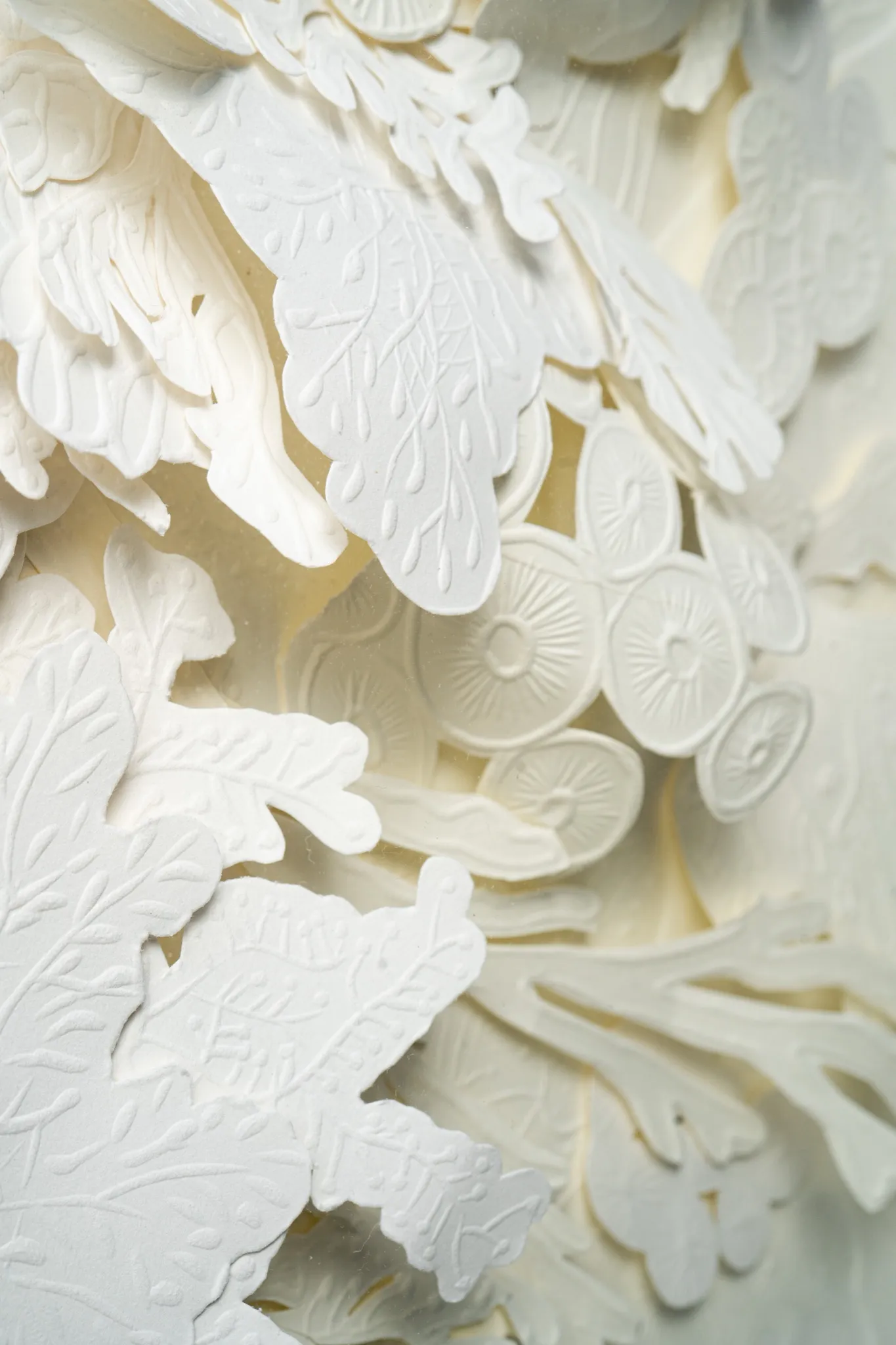 Close detail of Mar Blanco. Leaf shapes with embossed veins overlap a row of small discs and a branching coral form, lit warm from behind.