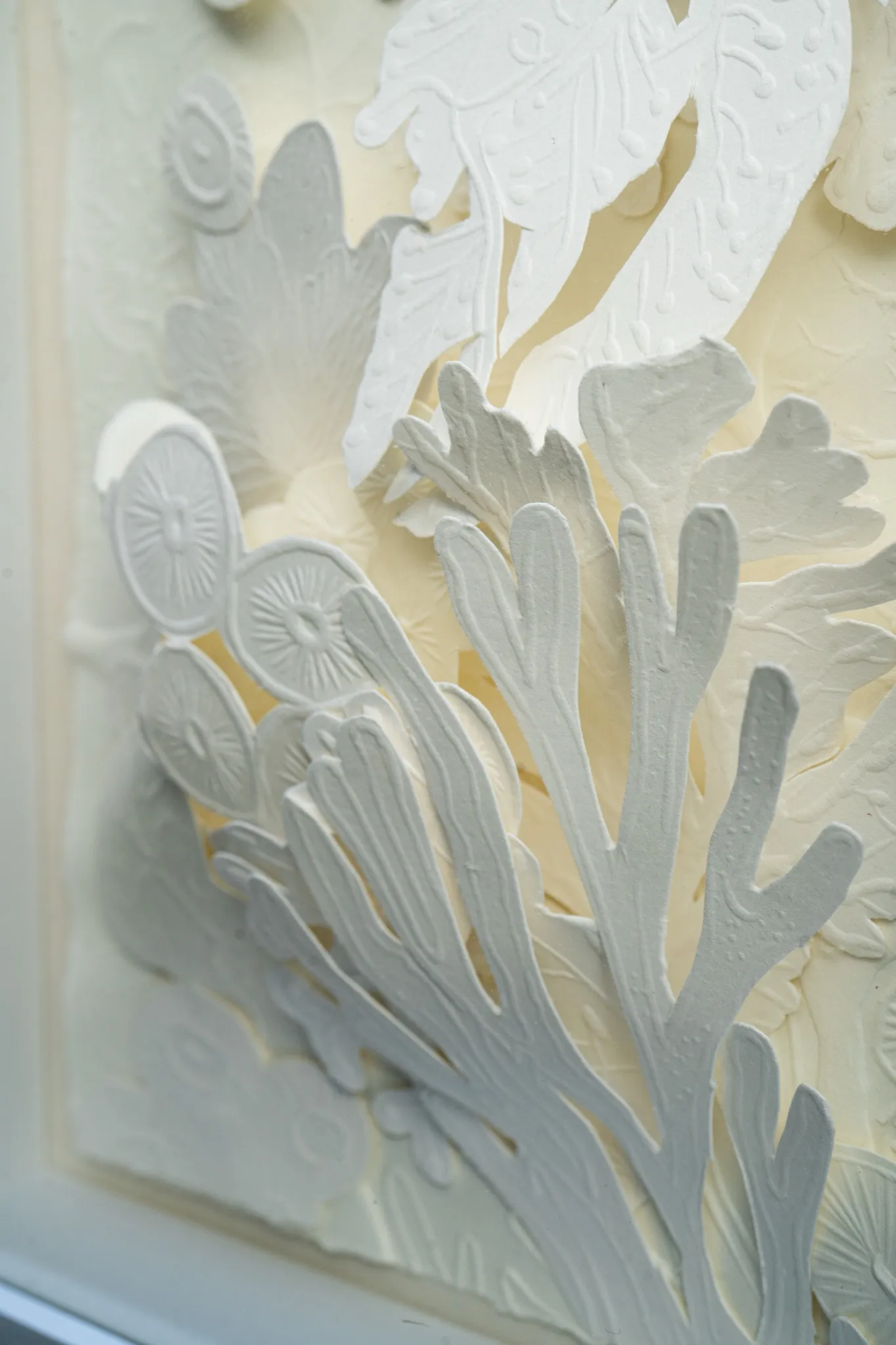 Side view detail of Mar de Kara. The coral branch and a row of discs lift clear of the paper, casting soft shadows onto the sheet behind.