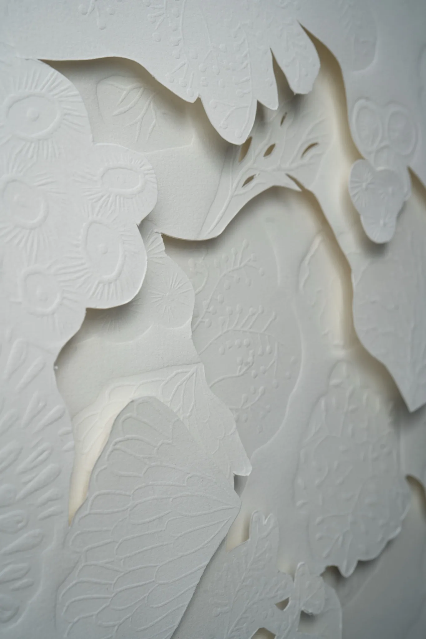 Close detail of Mar de Seto. Cut edges of the paper lift away from the sheet over embossed discs, leaves and a winged form, with warm shadow in the gaps.