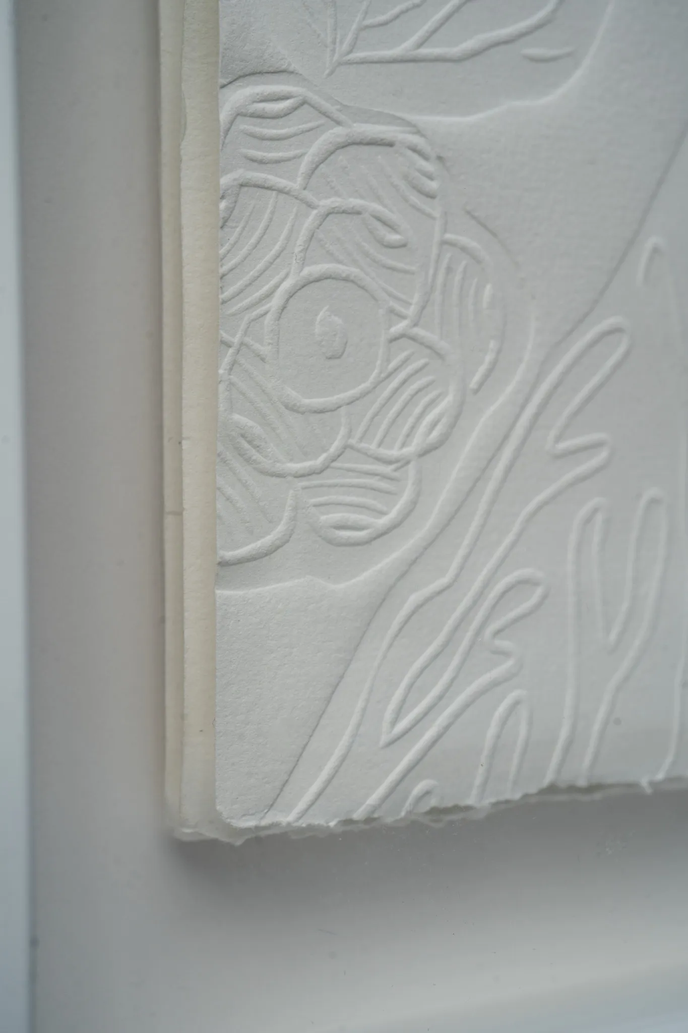 Detail of a lower corner of Mar de Seto. The deckled edge of the cotton paper stands off the mount, its surface embossed with fine flower and frond lines.