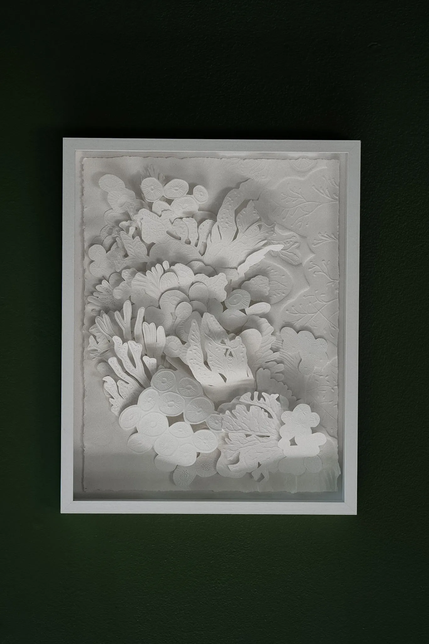 White embossed and hand-cut cotton paper relief in a white frame on a dark green wall. Overlapping fan and frond shapes fill the sheet edge to edge in deep relief.